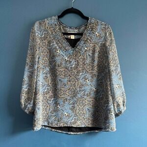 Coldwater Creek Blue Paisley Blouse Women's Size Small Petite Chiffon Boho